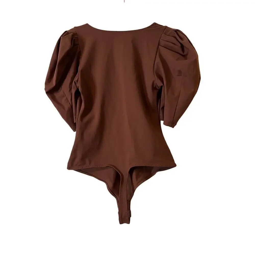 Free People Va Va Voop Bodysuit in Java Brown Short Puff Sleeve Deep V Neck Sz S